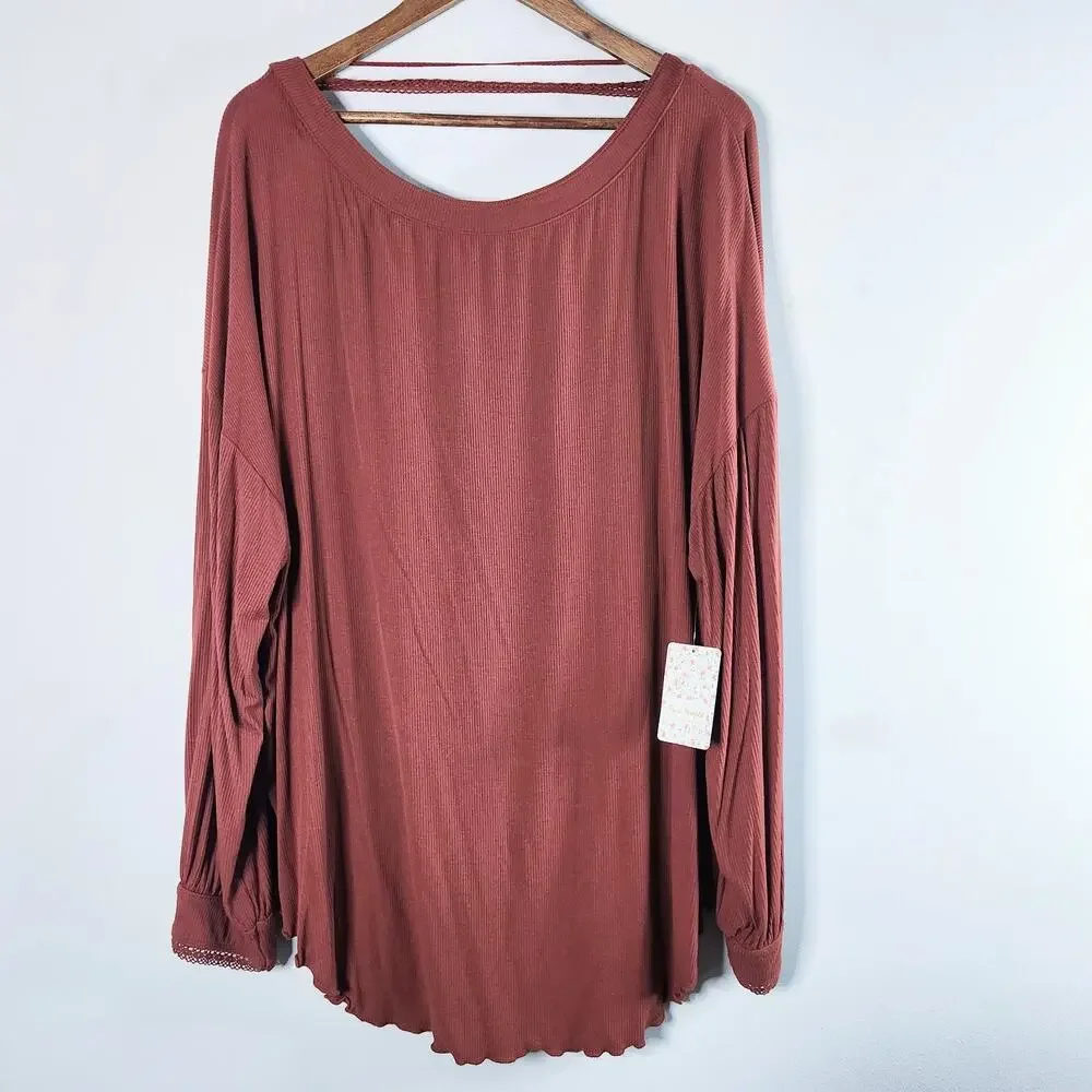 Free People Womens Rust Shimmy Shake V Back Blouse Size Large Oversized Boho NEW
